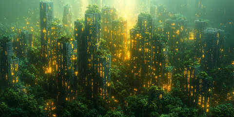 A futuristic cityscape swallowed by nature, with lush green foliage growing over skyscrapers and glowing windows.