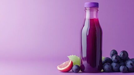 A fruit juice bottle with a half-cut grape on a purple background, showcasing its rich and juicy flavor.