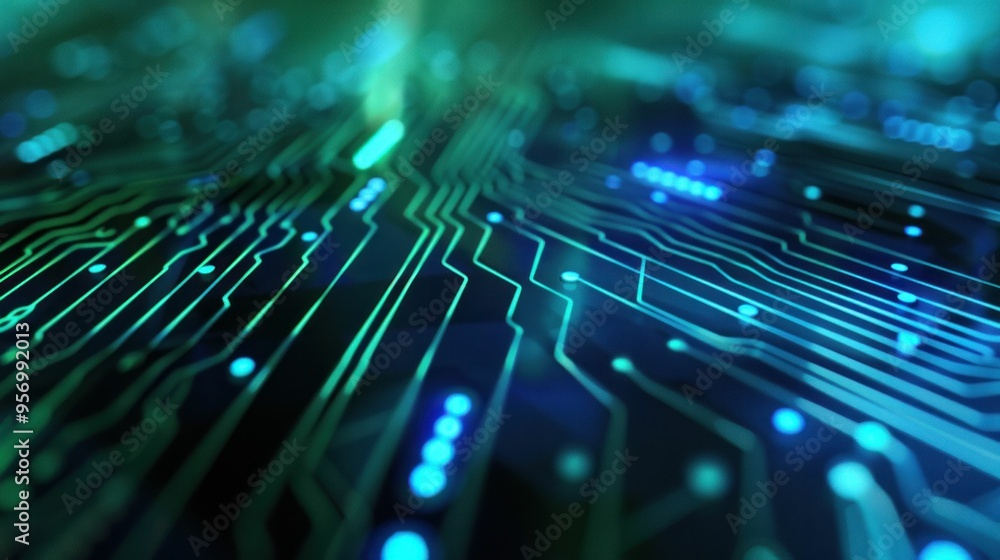 Poster abstract close up of a circuit board with glowing blue and green lines and patterns