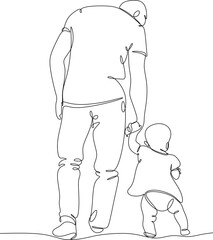 Vector illustration of a father teaching a child to walk, drawn in line art style.