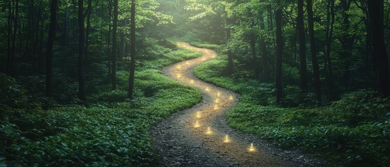 Obraz premium Winding forest pathway illuminated by glowing lights under a canopy of lush green trees, inviting a sense of tranquility.