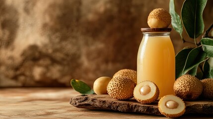 A fruit juice bottle with a half-cut longan on a soft brown background, perfect for a refreshing and exotic drink.