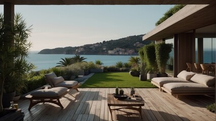 Modern terrace in light shades, summer