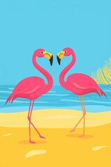 Obraz premium Flamingo toys running and standing on a sunny day with sunny shadows. Bright optimistic orange bottom and marina blue and light sky blue background. Creative copy space.