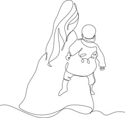 Linear drawing of a mother holding her baby.
