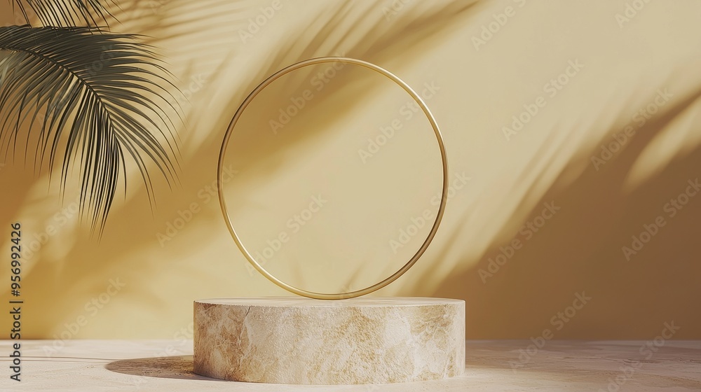 Leinwandbilder The render shows a summer yellow background with palm leaf shadows and bright sunlight. There is a cobblestone ring and a silver rectangle for a showcase scene for an organic cosmetic product.