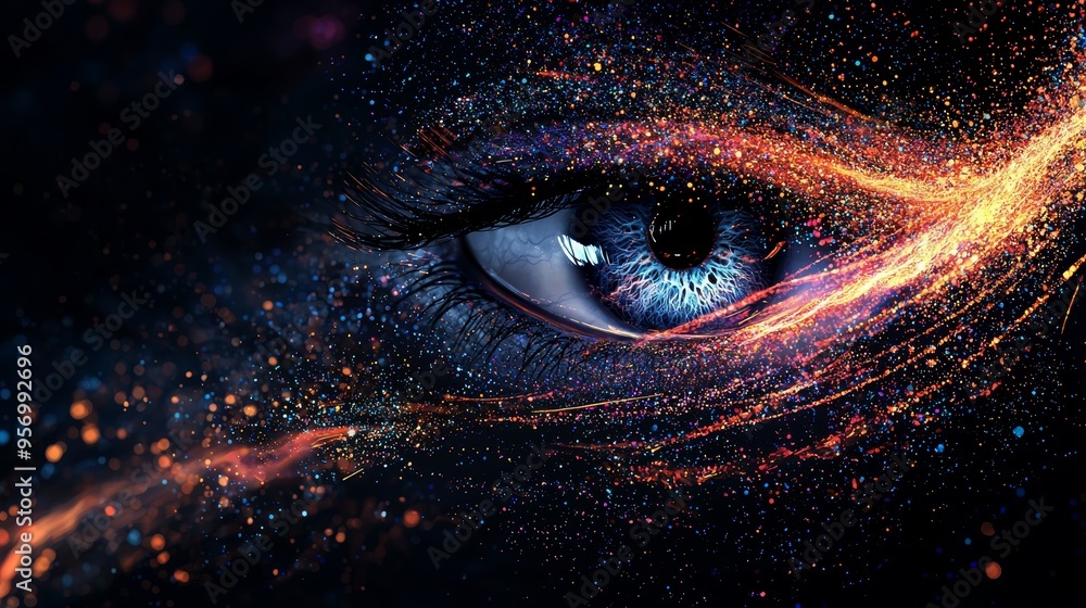 Poster In this animation, rainbow lines scatter out of a bright white circle after a flash and form a volumetric iris and pupil for the human eye.