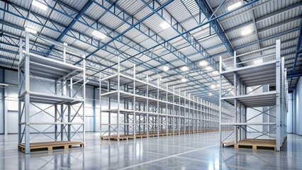 Spacious, well-lit white warehouse interior with concrete floors, metal beams, and rows of shelving units, perfect for e-commerce, storage, or industrial settings.