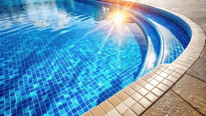 Sparkling blue water laps against the curved edge of a clean swimming pool gutter, surrounded by pristine white tile and warm sunlight filtering down.