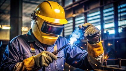 Spark-emitting welding torch shines bright as gloved hand holds it steady, obscured face protected by worn, scratched yellow helmet with tinted visor in dark workshop.