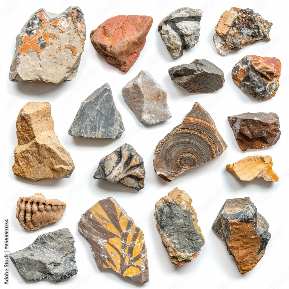 Sticker Collection of fossil rocks. isolated object, transparent background isolated on white 