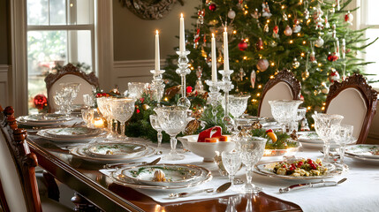 An elegant Christmas dining table set with festive dishes and sparkling candles, showcasing a beautifully decorated tree in the background. The scene captures a refined holiday atmosphere