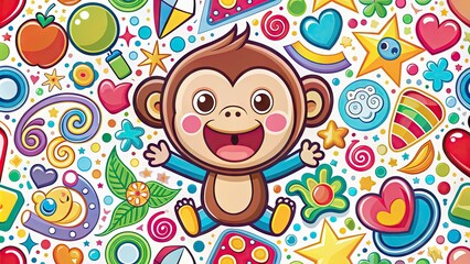 Colorful illustration of a happy cartoon monkey surrounded by vibrant stickers, shapes, and patterns, all set against a bright white background in a playful vector design.