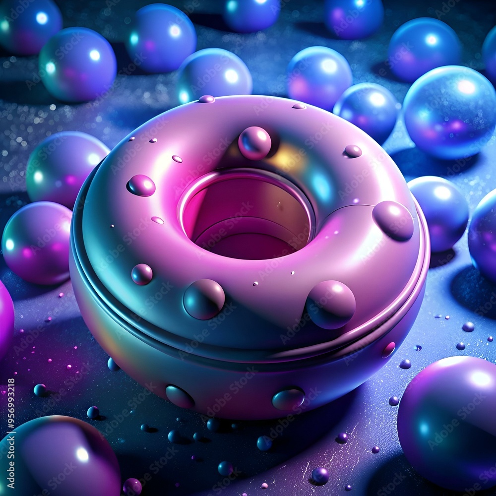Aufkleber a 3d rendering of a glossy donut with a vibrant iridescent surface. surrounded by scattered spheres.