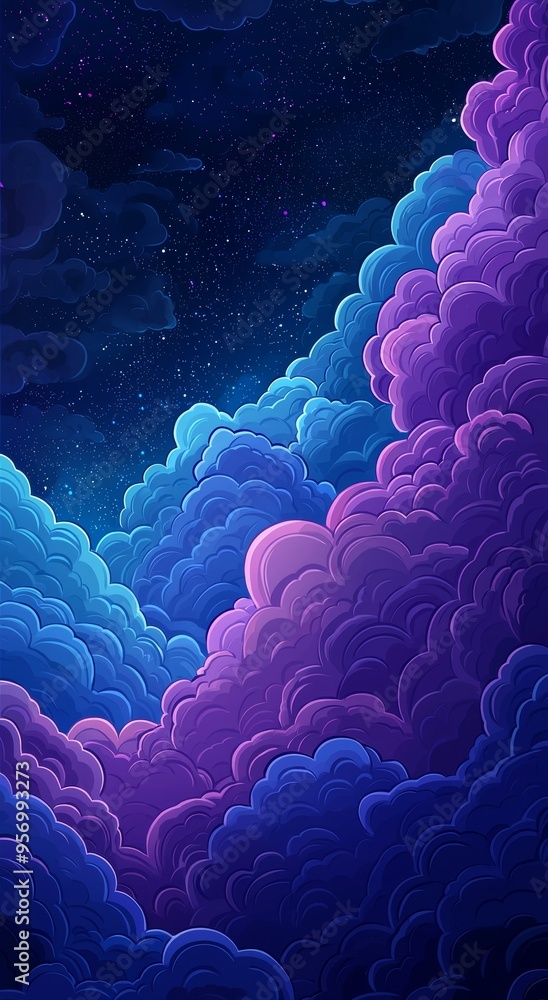 Sticker Purple gradient mystical moonlight sky with clouds and stars phone background wallpaper, created with AI