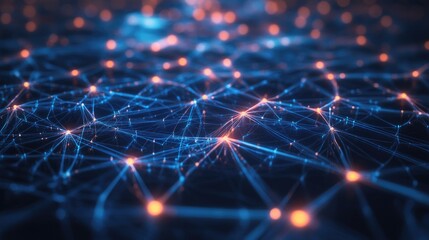 Obraz premium A futuristic digital background featuring a neural network with interconnected nodes and glowing lines, perfect for AI and tech processes.