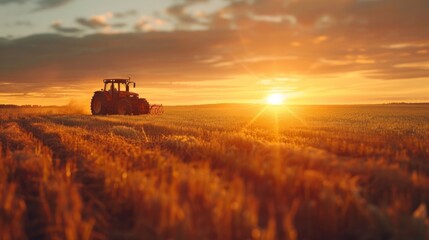 Fototapeta premium The warm golden light of a vibrant sunset casts a stunning glow over a tractor working in a lush agricultural landscape