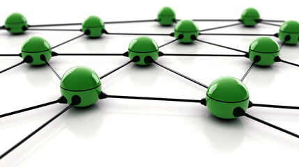 Fototapeta premium 3d Social networking green plastic nodes background, interconnected by lines to form a grid structure, indicating interconnections and relationships in the social community or business