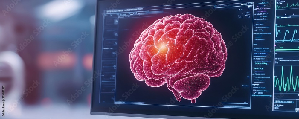 Poster high-tech display showcasing a digital brain with glowing elements, illustrating neuroscience and te