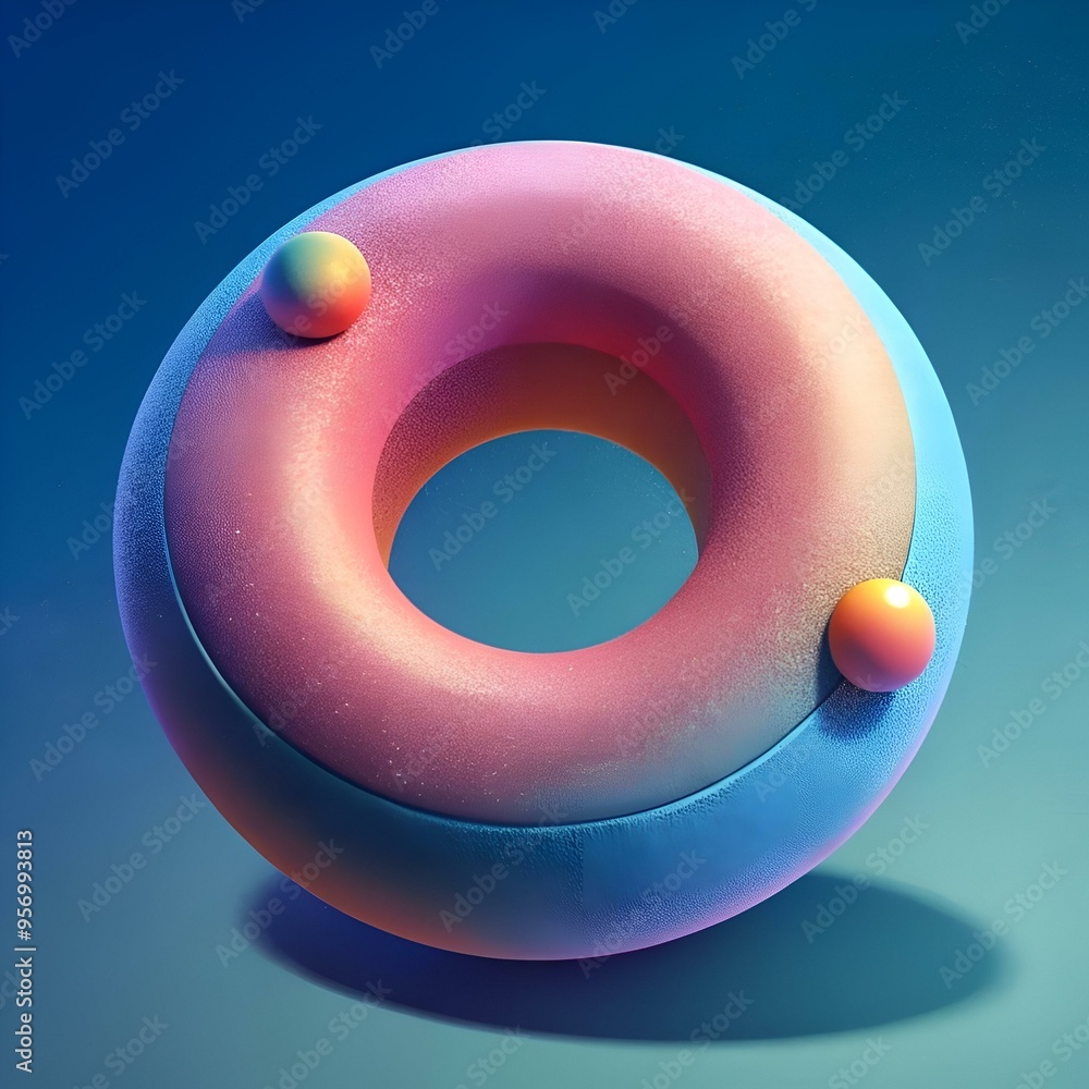 Poster a vibrant 3d illustration of a textured rubber donut with two smaller spheres. creating a playful an