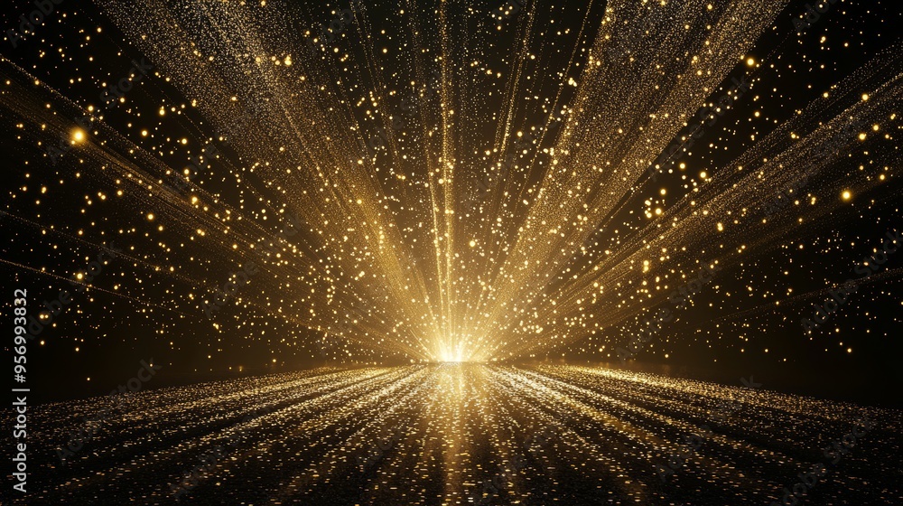 Aufkleber glittering stars on black background with golden floor particles. futuristic glittering in space.