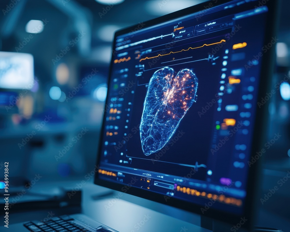 Poster high-tech heart monitor displaying intricate data visualizations in a modern medical facility with a