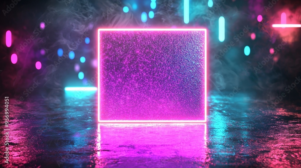 Poster Three-dimensional drawing of a square rectangle picture frame with neon colored motion graphic. Blue and pink light moves for overlay element. Empty copy space in middle.