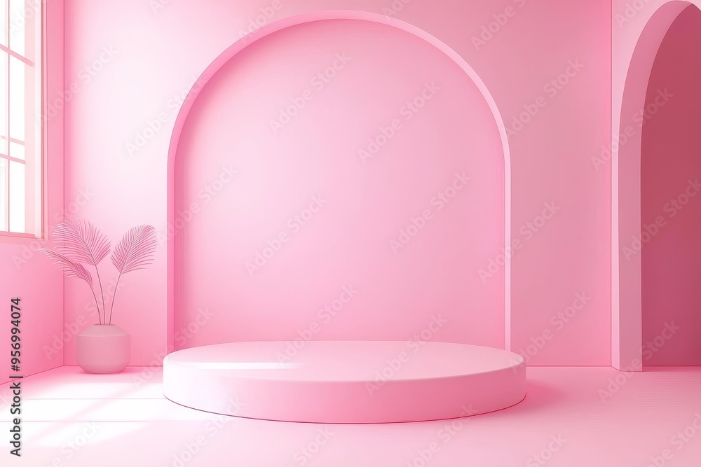 Aufkleber In 3D, a blank pink display is displayed against a minimal red background. A blank stand is there to display a product.