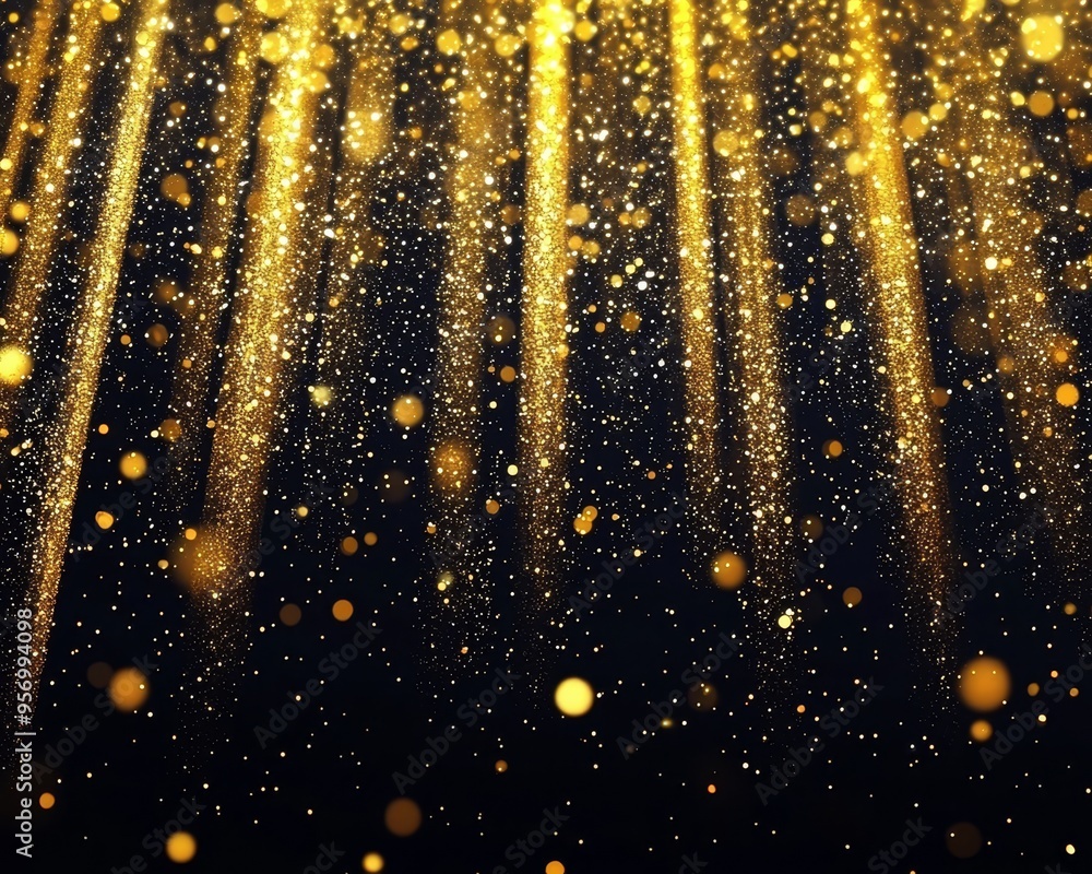 Poster Glittering gold dust on a black background. A gold sparkle on top of a shiny background.