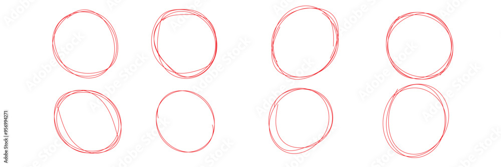 Poster hand drawn red crayon ovals and circles set. ellipses in red pencil doodle style. round freehand sha