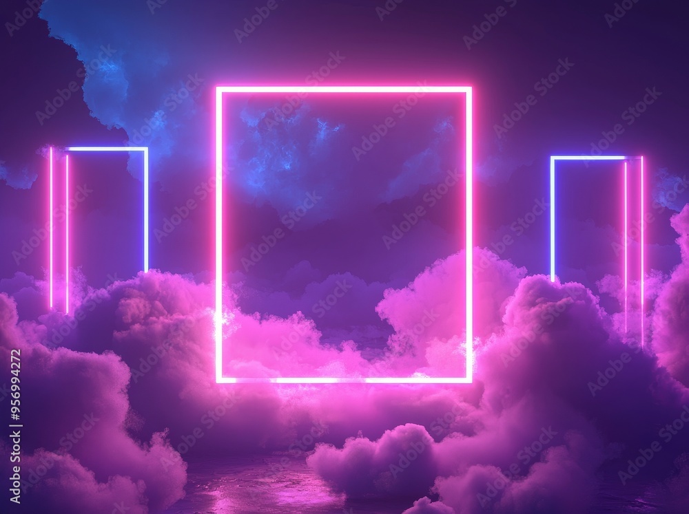 Poster a 3d render featuring abstract minimal background, pink blue neon light square frame with copy space