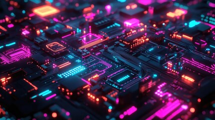 Obraz premium A glowing circuit board pattern with vibrant colors, symbolizing the flow of information and digital storage.