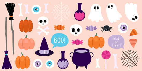 Collection of magical Halloween illustrations. Cute cartoon elements for Halloween design. Witch brooms, cauldron, hat. Pumpkins, skull, bones, candies, potion, web, spider, speech bubbles, eyes.