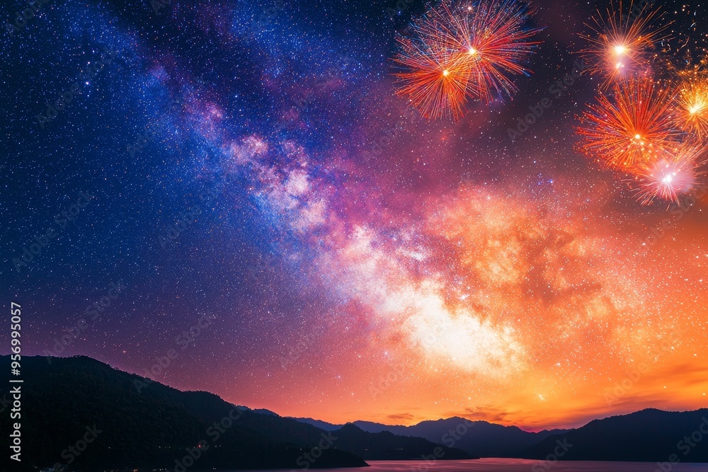 Aufkleber an impressive display of fireworks in the night sky with the milky way in the background.
