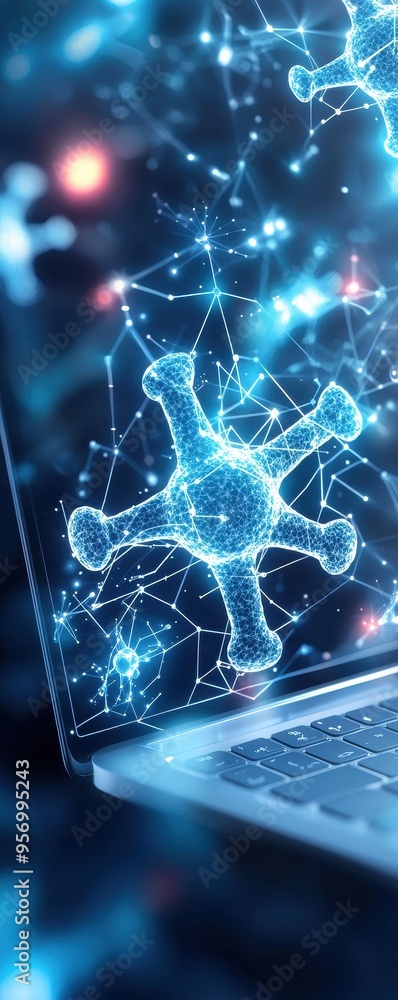 Poster abstract representation of digital connection and data analysis with a glowing molecular structure o
