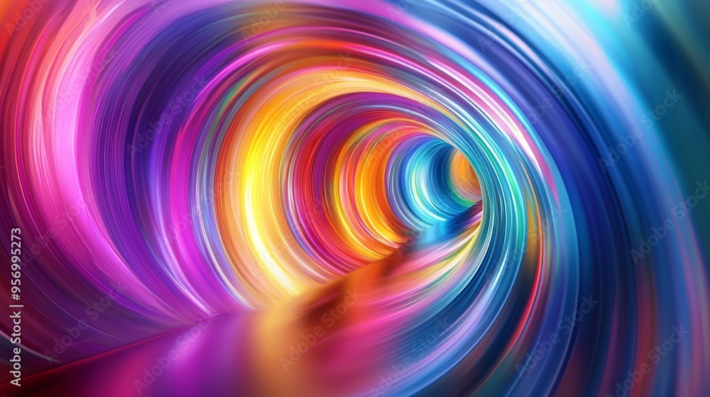 Aufkleber A three-dimensional rendering featuring an abstract multicolor spectrum background, neon rays in bright orange and blue and glowing lines of color