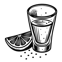 a glass of tequila with a lime slice