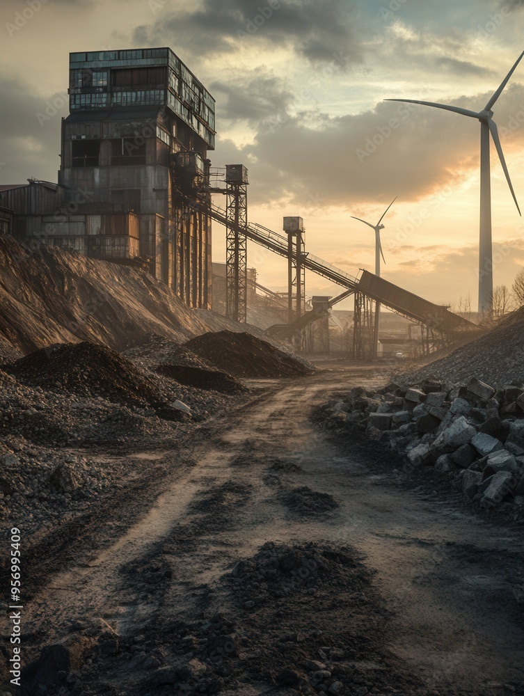 Aufkleber old factories stand near closed coal mines, while wind turbines signal a significant shift towards g