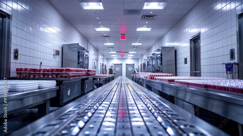 Poster a long line of food processing equipment with red containers on the conveyor bel