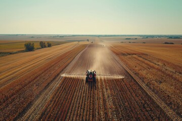 Fototapeta premium Aerial View of Tractor Spraying Crops in a Field