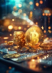 pile coins with bit coin on top