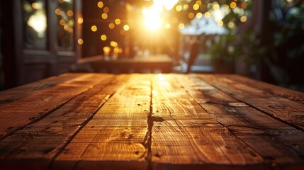 This image showcases a beautifully lit wooden table with a carefully balanced lighting that highlights the table s texture and creates a soft diffused bokeh background The warm