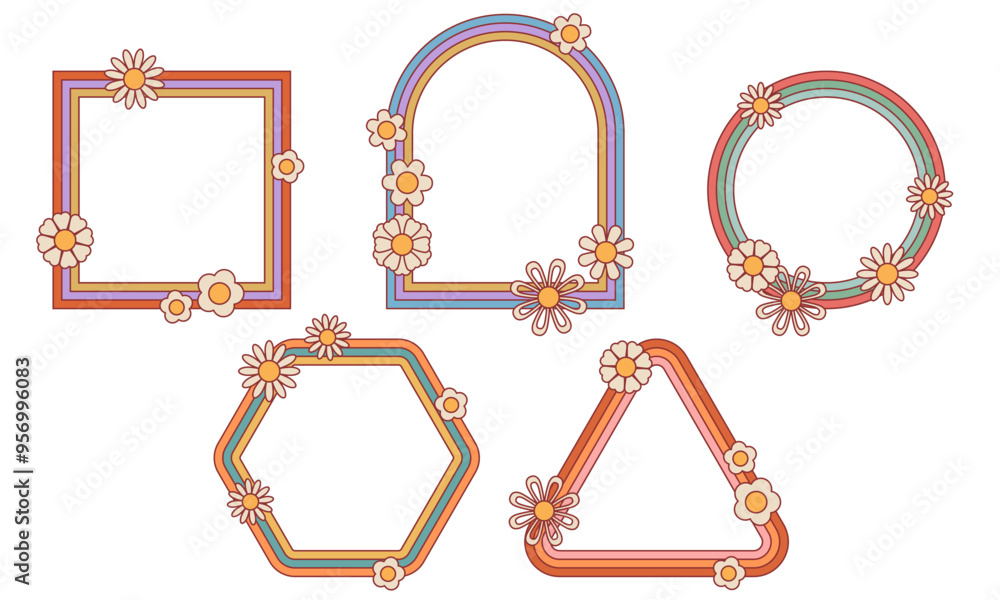 Poster hippie retro style borders frame. vector colorful hippie linear banners and frames with flowers. des