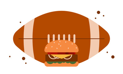 Burger and American Football ball. American Football: tailgating, food grilling and barbeque