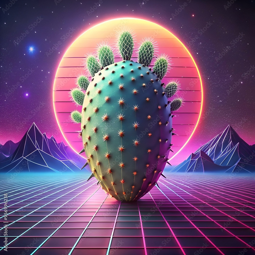 Poster a retro futuristic 3d illustration of a prickly pear cactus against a neon glow backdrop. perfect fo