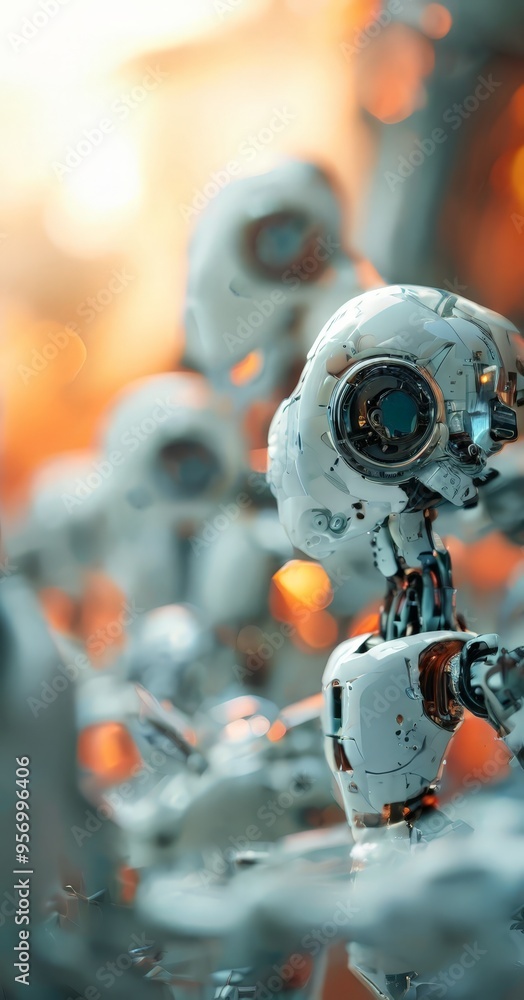 Poster robot is standing in front pile white objects