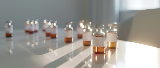 Bottles with amber liquid are dispersed across a light-filled table, capturing a serene yet clinical environment.