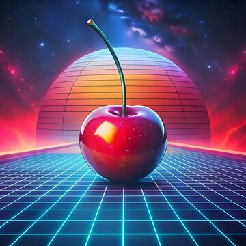 A 3D rendering of a shiny red cherry with a stem against a retro. glowing. neon grid backdrop.