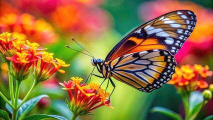 Delicate butterfly sips sweet nectar from Macro flowers using its unusually long proboscis, showcasing intricate details and vibrant colors.
