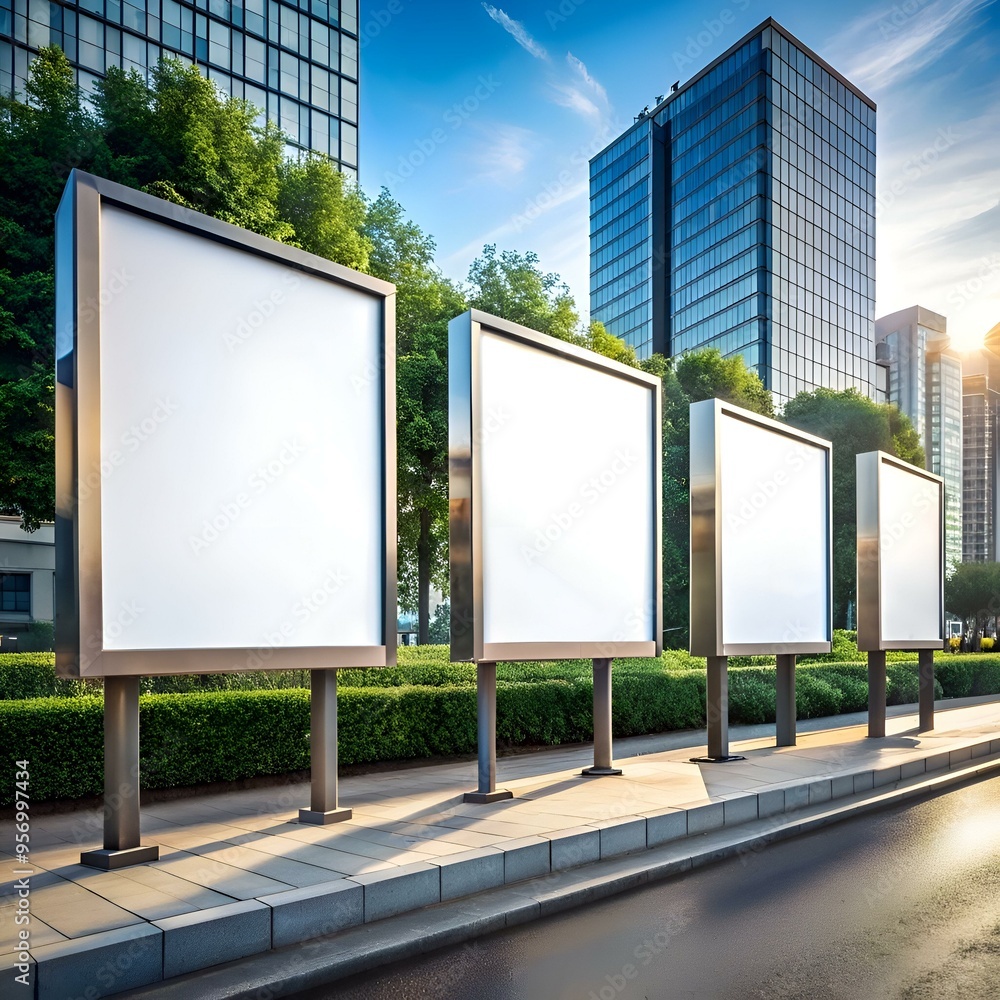 Poster four blank billboards stand tall in front of a modern cityscape. creating a perfect canvas for your 
